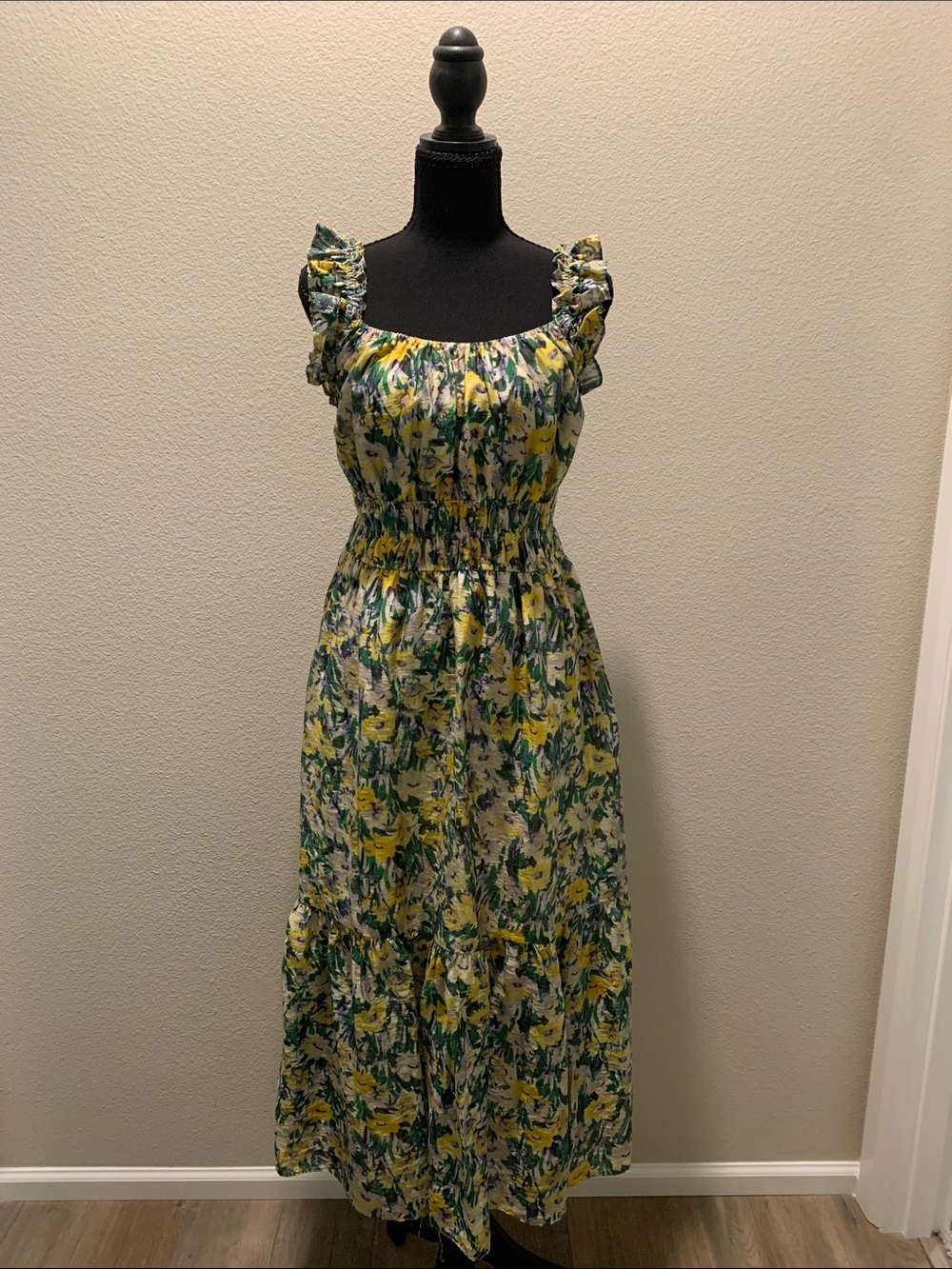 MELLODAY Yellow and Green Floral Ruffle-Strap Tiered Maxi Dress NWOT (Size S)